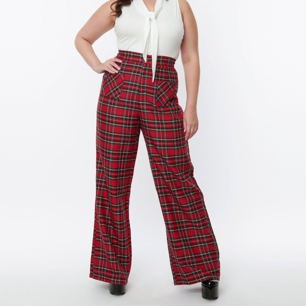 Unique Vintage Tartan Plaid High Waist Wide Leg Pants Preppy Academia Holiday